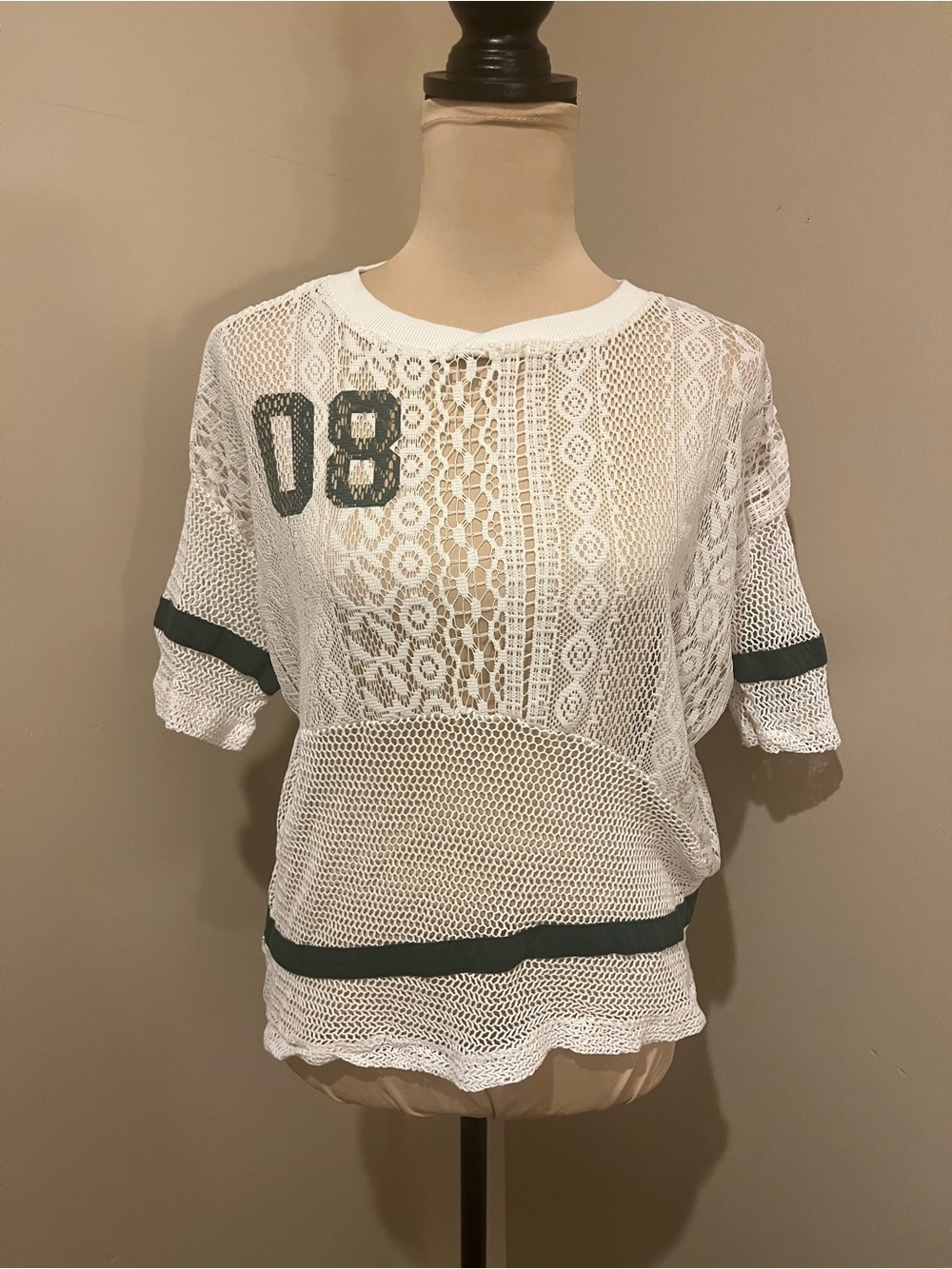 Oversized White Lace Mesh Short Sleeve Top with Green Sport Trim, XS